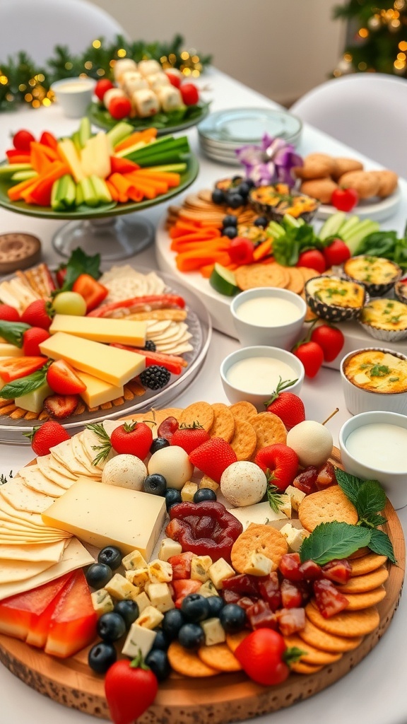 A festive table with assorted room temperature Christmas party foods including cheese platter, vegetable platter, Caprese skewers, and mini quiches.